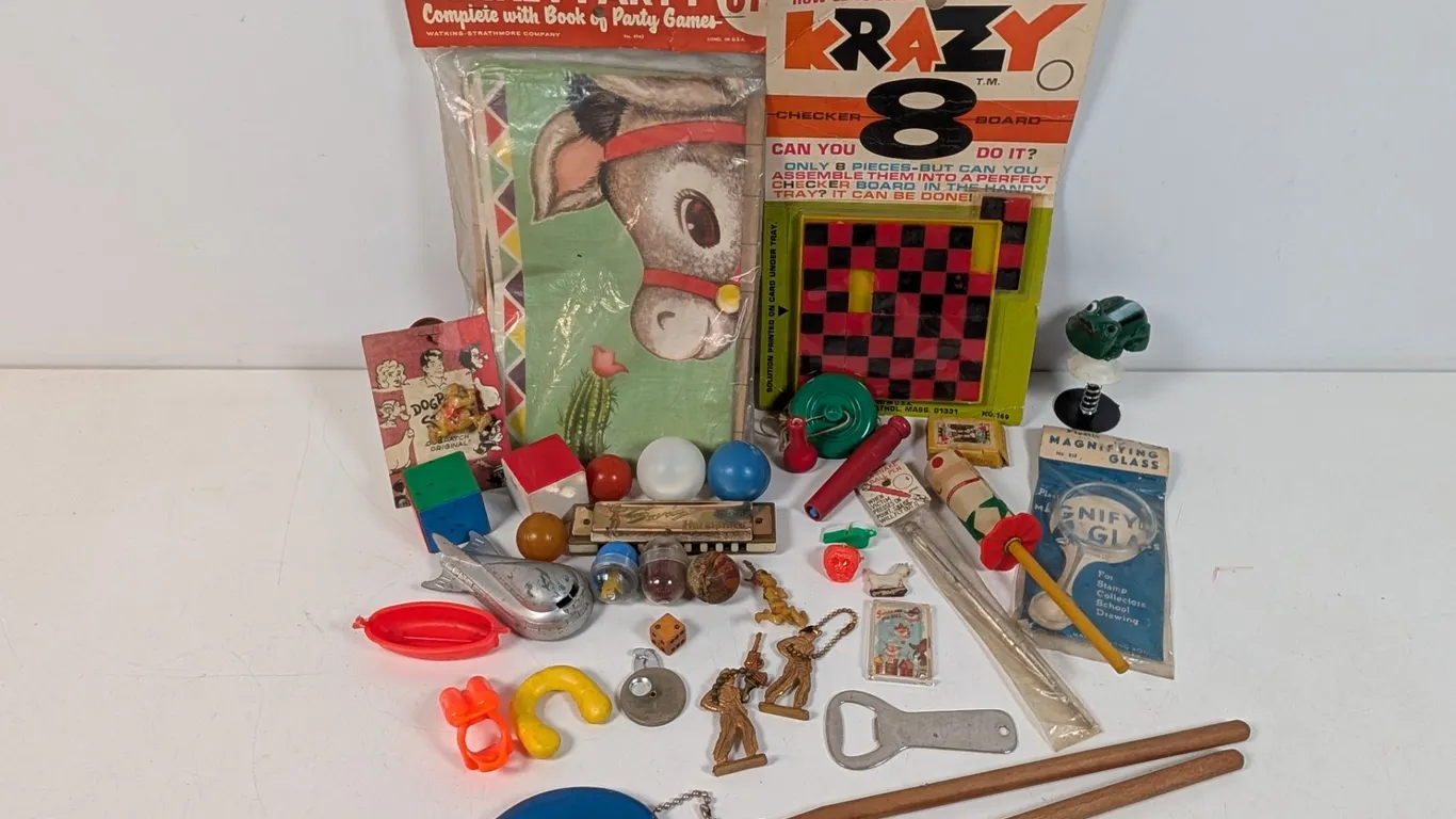 Vintage Novelty Toys, Donkey Party Game, and Krazy 8 Puzzle
