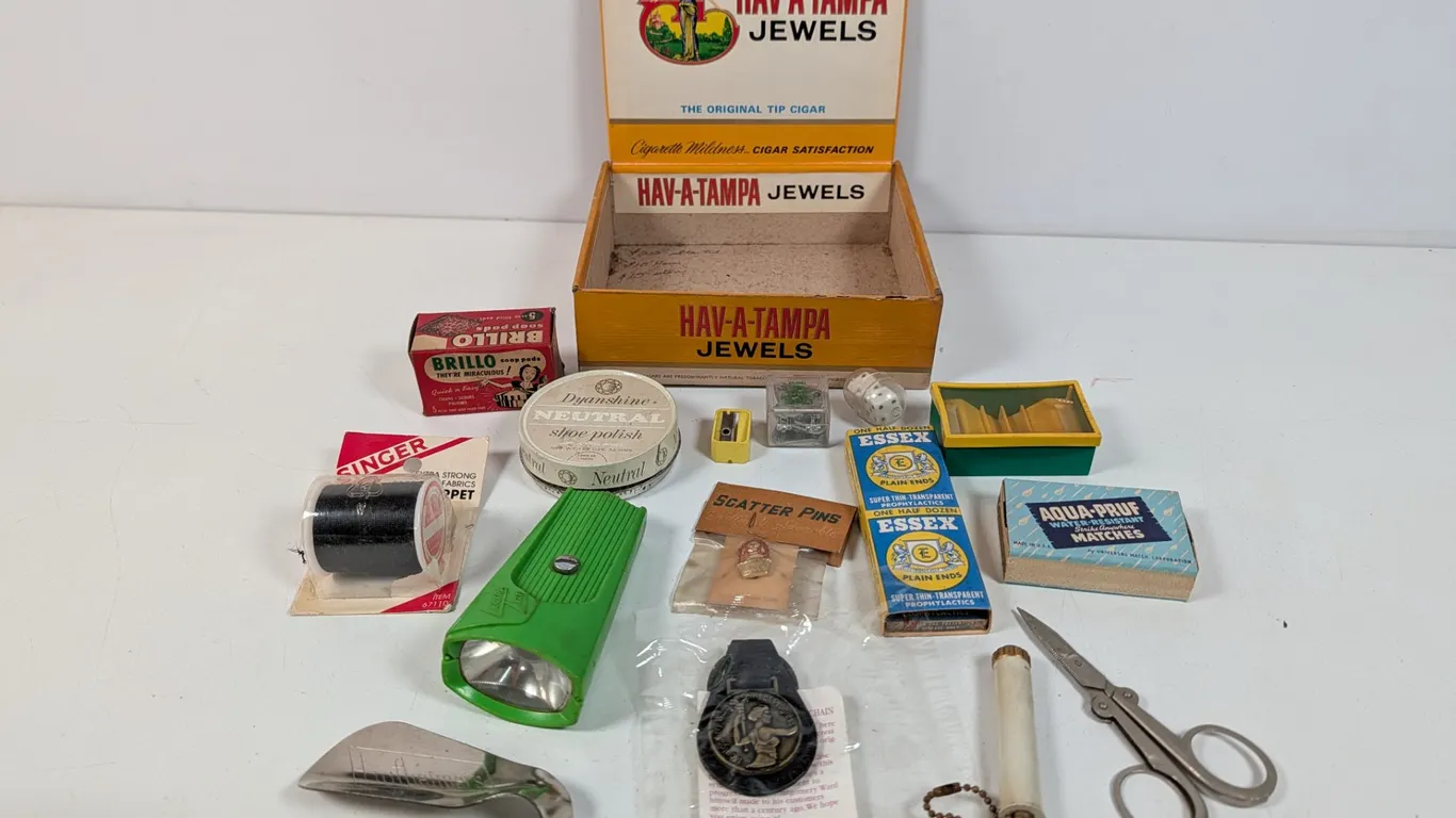 Collection of Vintage Household Goods with Hav-A-Tampa Cigars Box