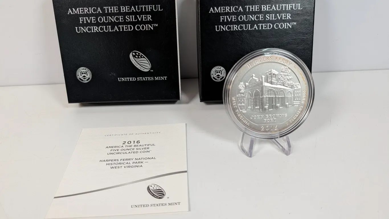2016 America the Beautiful Harpers Ferry Five Ounce Silver Uncirculated Coin