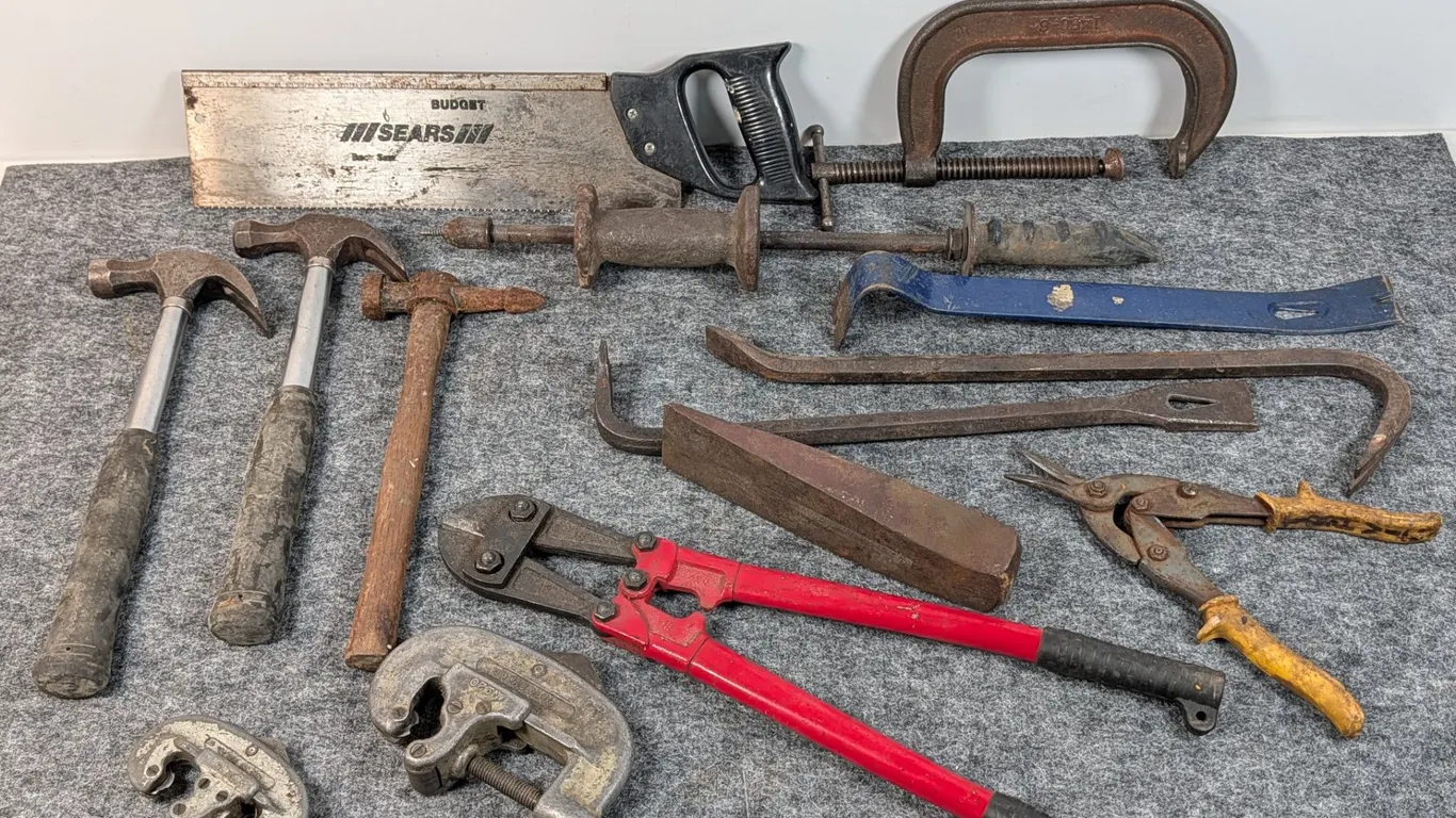Mixed Lot of Hand Tools including Saw, Hammers, Pry Bars, Cutters