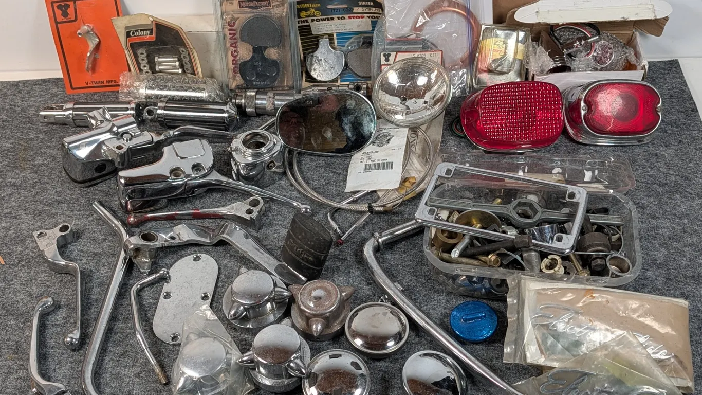 Large Lot of Chrome Motorcycle Parts with Harley-Davidson Electra Glide Emblems
