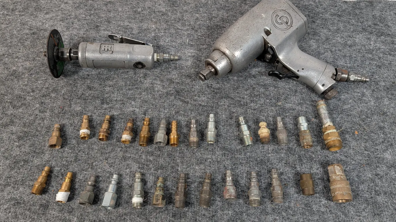 Ingersoll Rand Air Cut-Off Tool, Chicago Pneumatic Air Wrench, and Assorted Air Couplers
