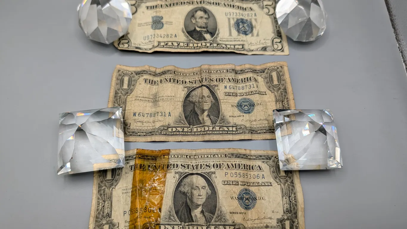 Lot of Three US Silver Certificates: 1934 $5, 1957 $1 (Series A), 1957 $1 (Series B)