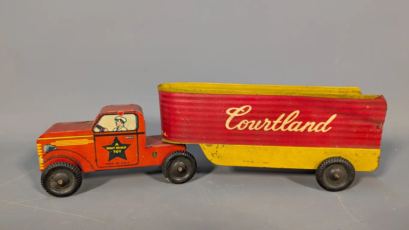 Vintage 1940s-1950s Courtland Tin Litho Semi-Truck and Open-Box Trailer