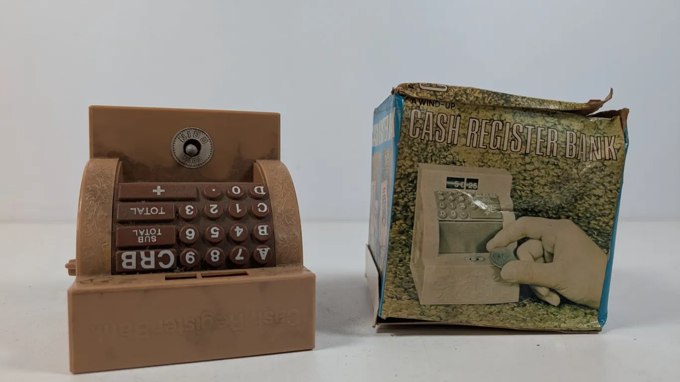 Vintage Wind-Up Plastic Cash Register Bank with Box