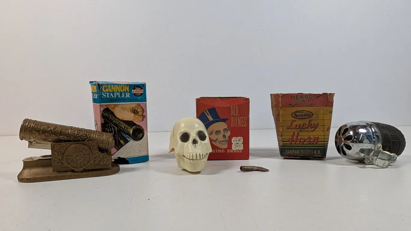 Vintage Eagle Cannon Stapler, Mr. Bones Talking Skull, Lucky Horn Bicycle Horn