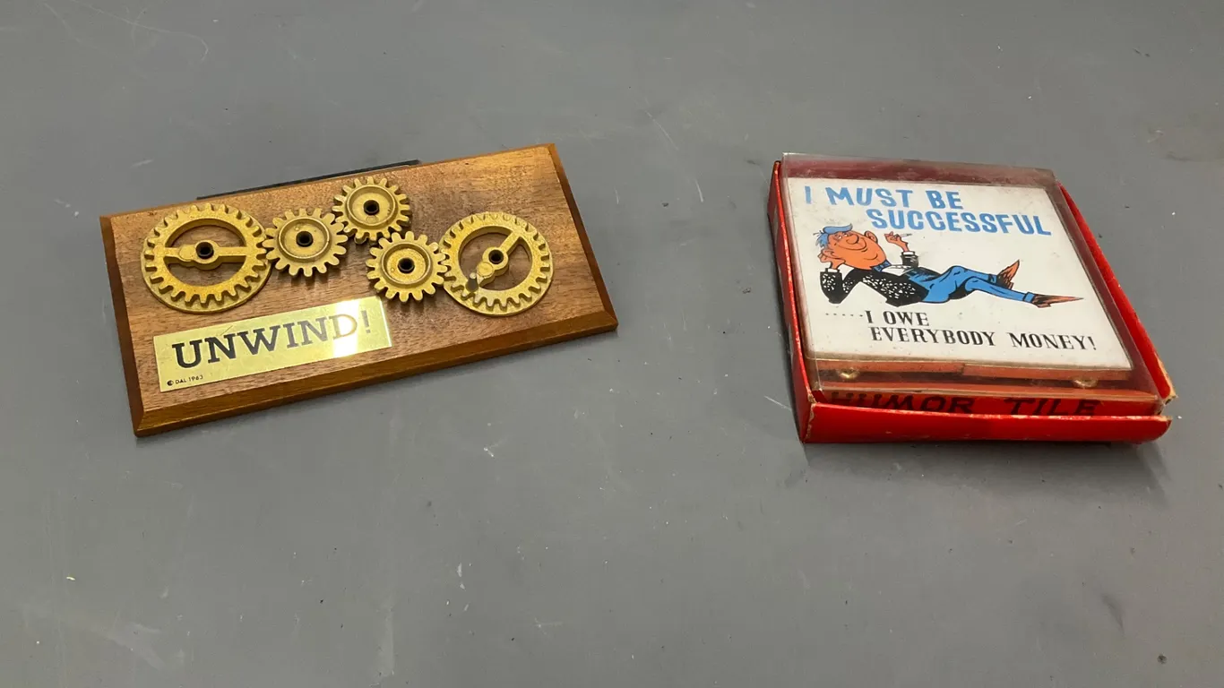 Vintage Desk Decor: Unwind! Plaque and Humor Tile