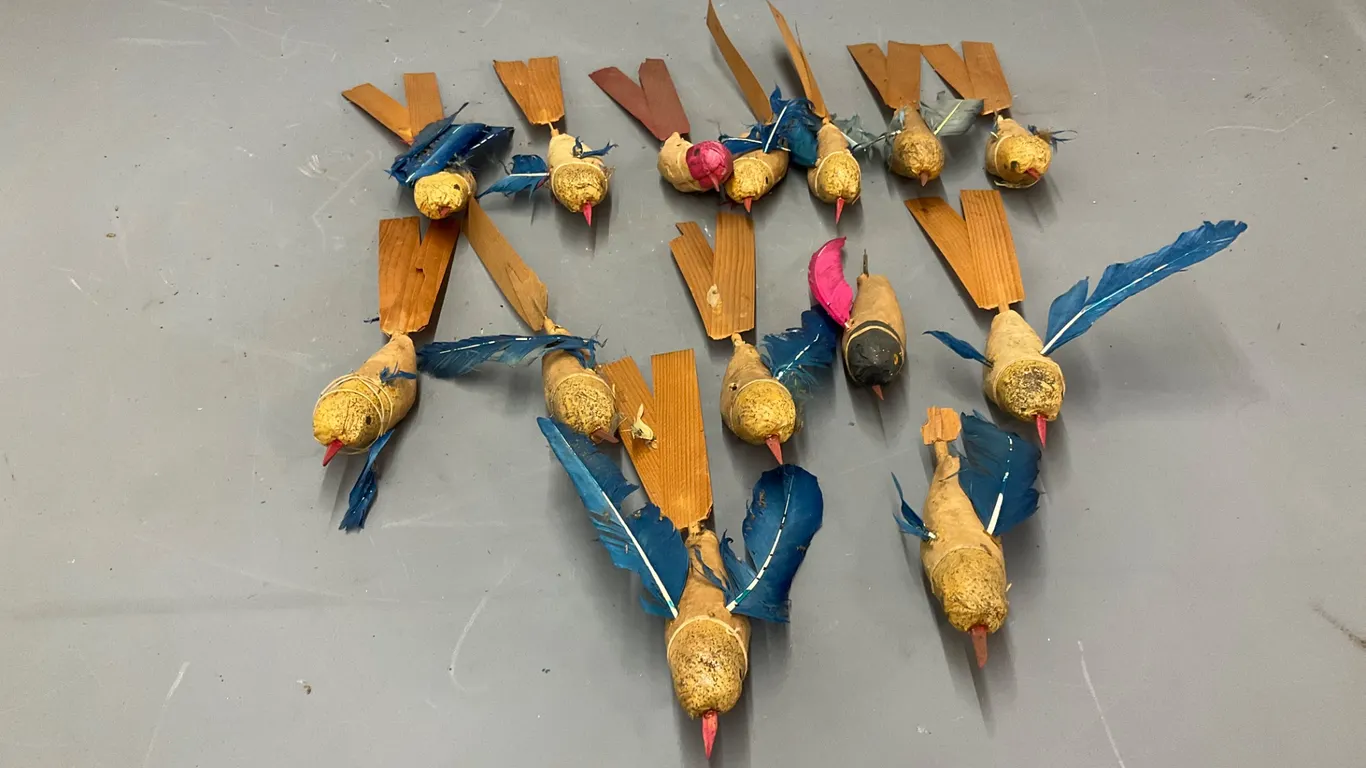Folk Art Gourd Birds with Feathers and Wood