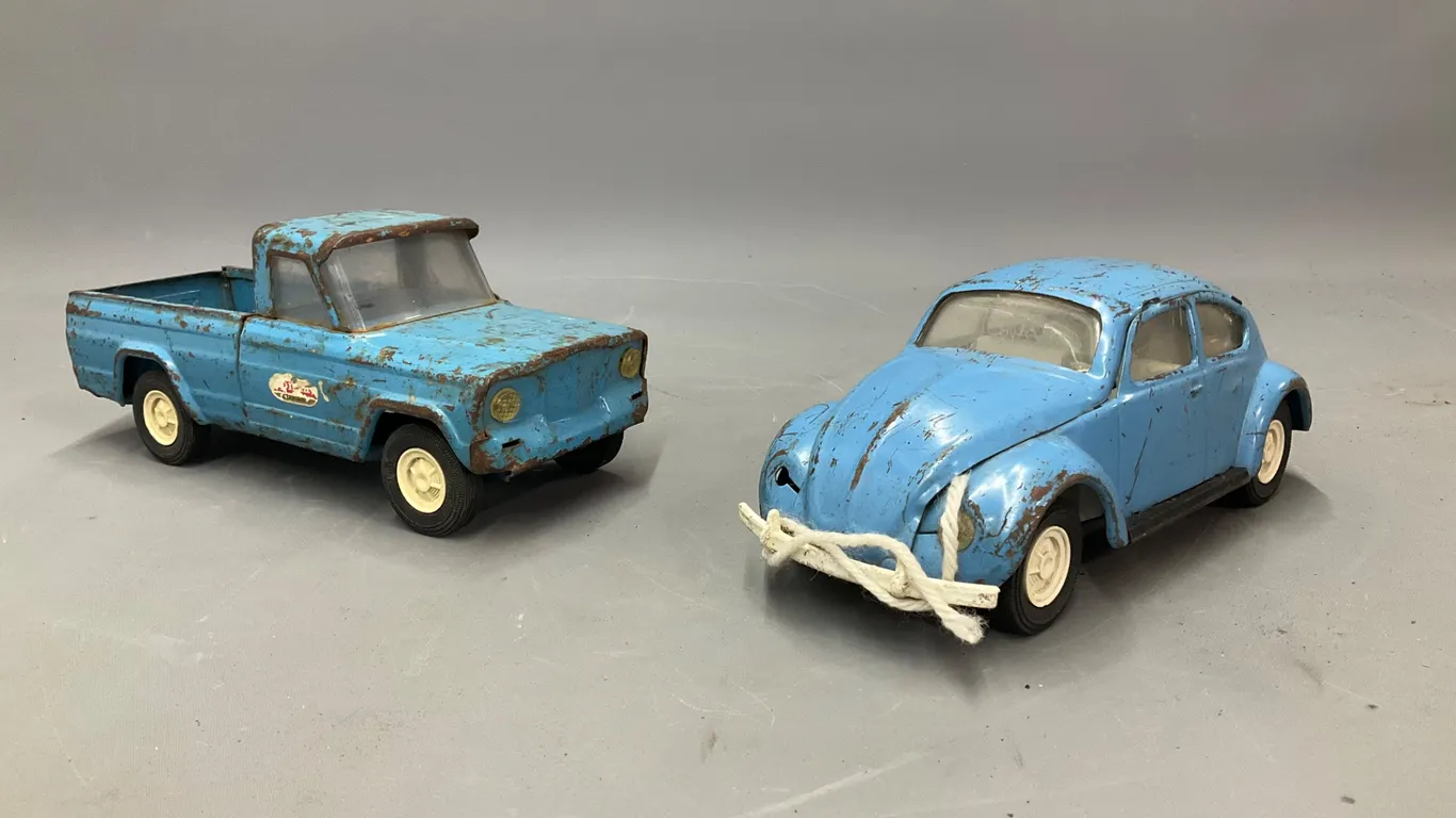 Vintage Tonka Tin Toy Volkswagen Beetle and Jeep Pickup Truck