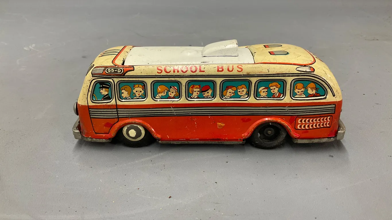 MT Trademark Lithographed Tin Toy School Bus