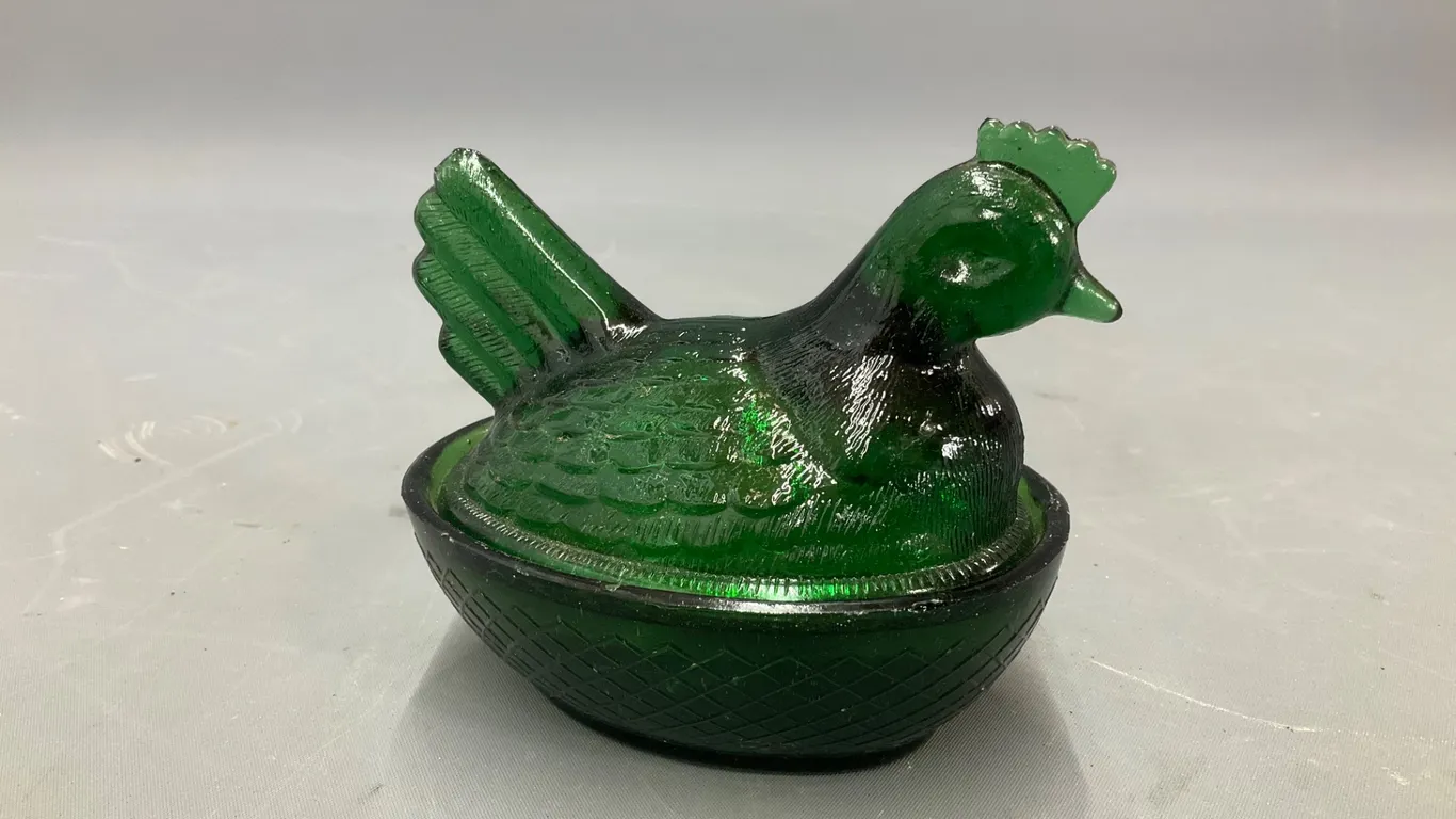 Green Glass Hen on Nest Covered Dish