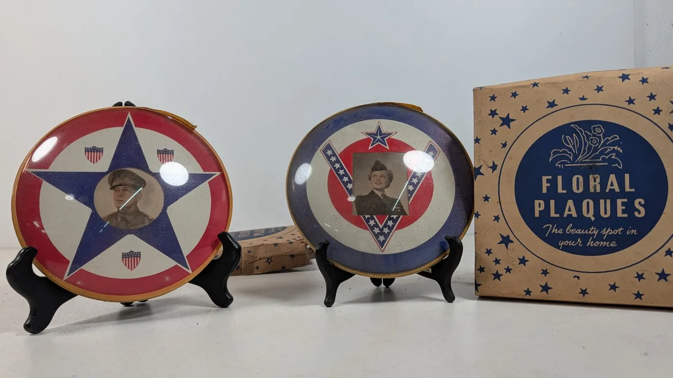 Vintage Floral Plaques with Military Portraits
