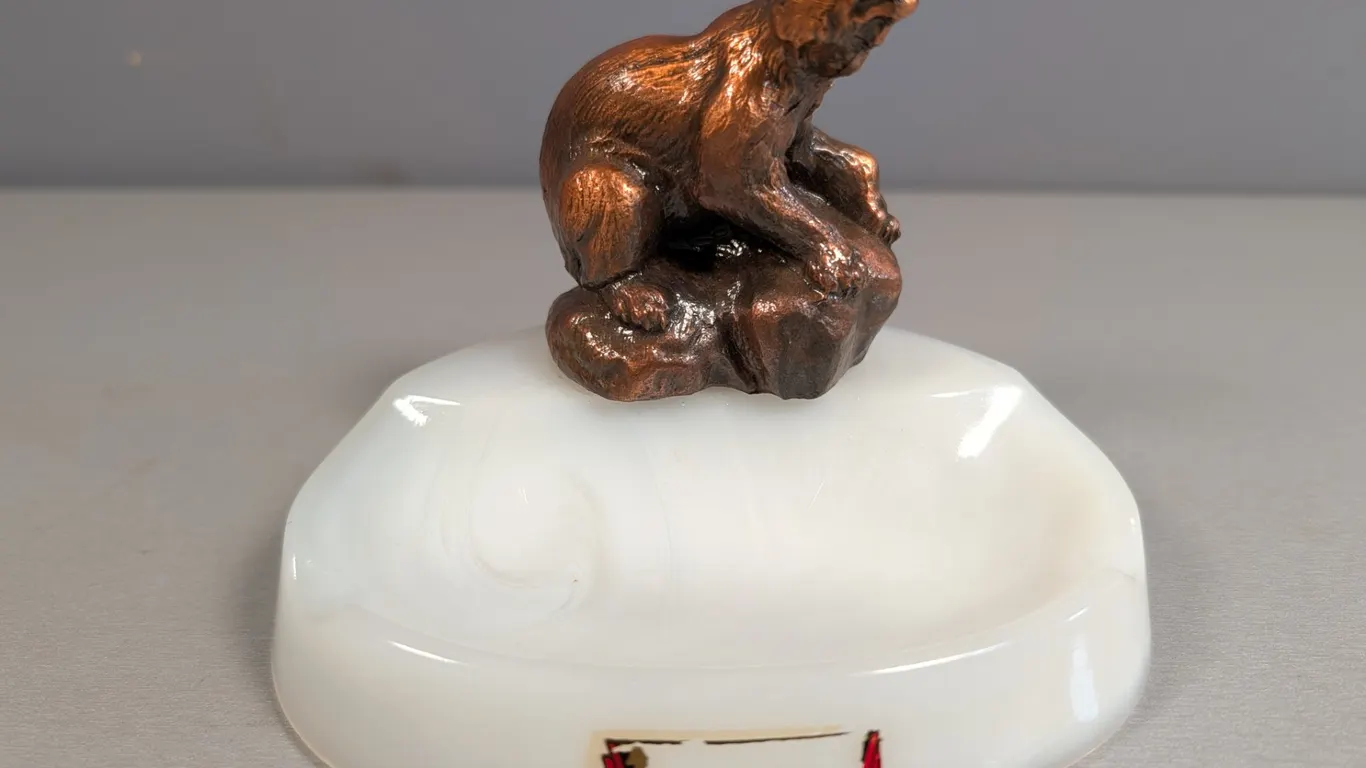 Bronze Bear Figurine on Opaline Glass Ashtray
