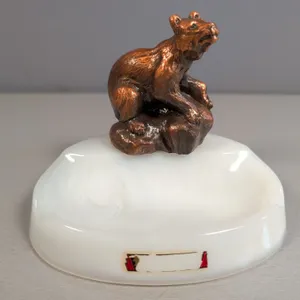 Bronze Bear Figurine on Opaline Glass Ashtray