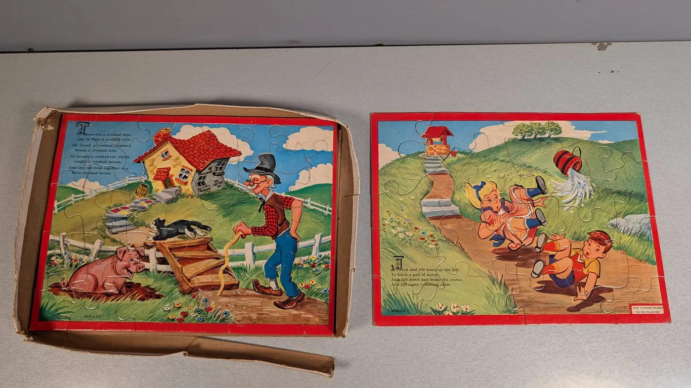 Vintage Wooden Nursery Rhyme Jigsaw Puzzles (Set of 2)