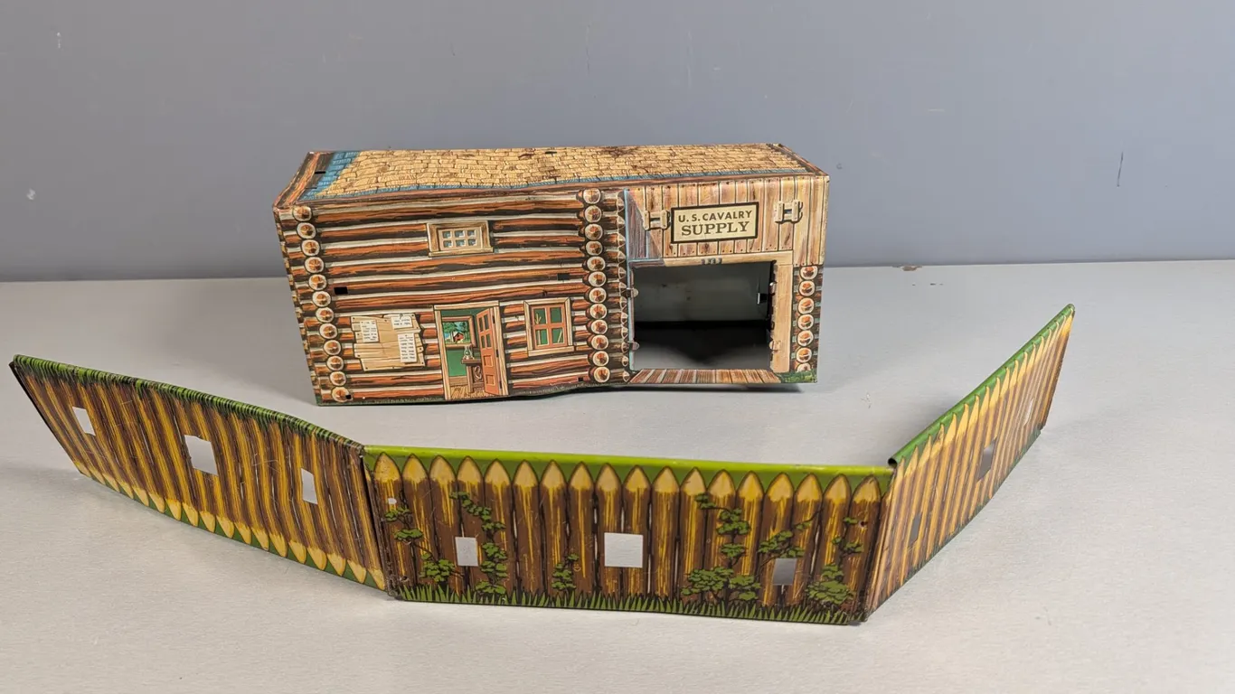 Vintage Tin Litho U.S. Cavalry Supply Cabin and Fence