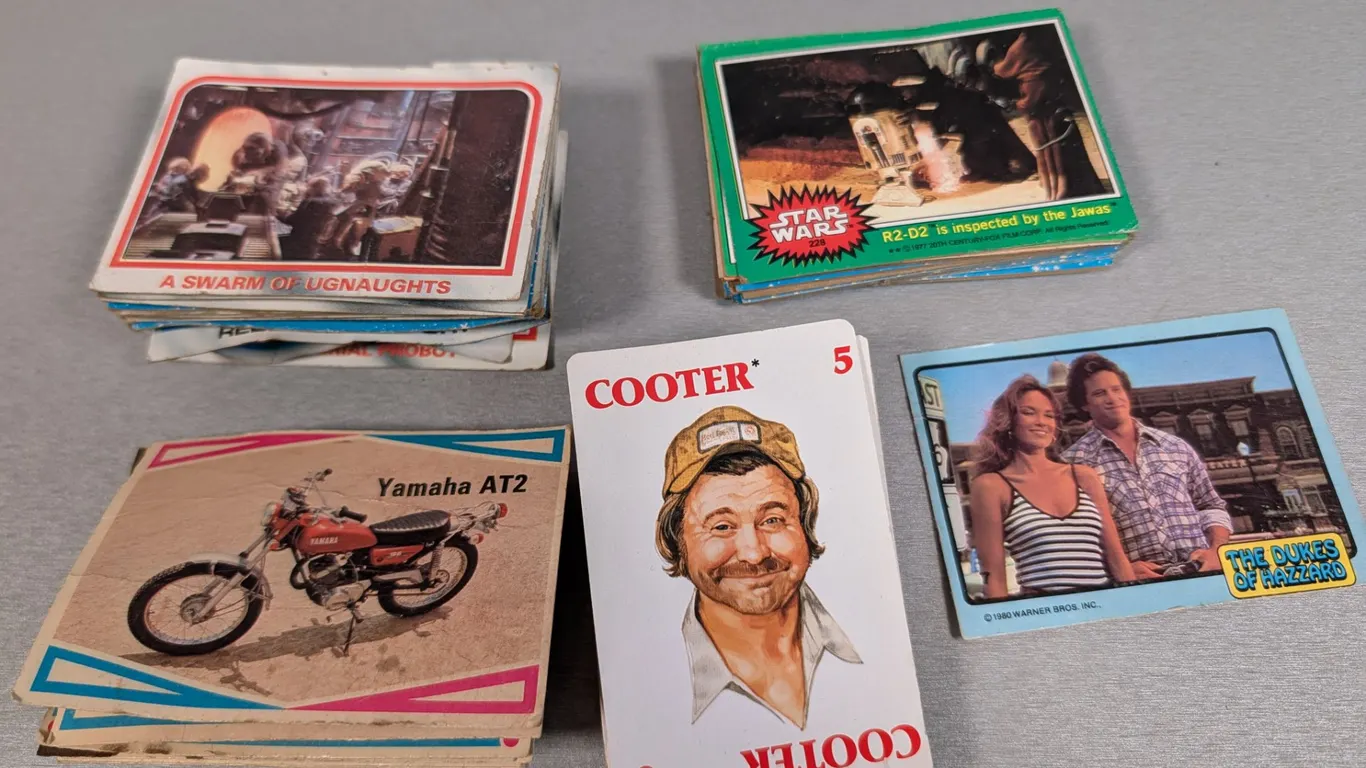 Vintage Star Wars, Dukes of Hazzard, and Motorcycle Trading Card Stacks