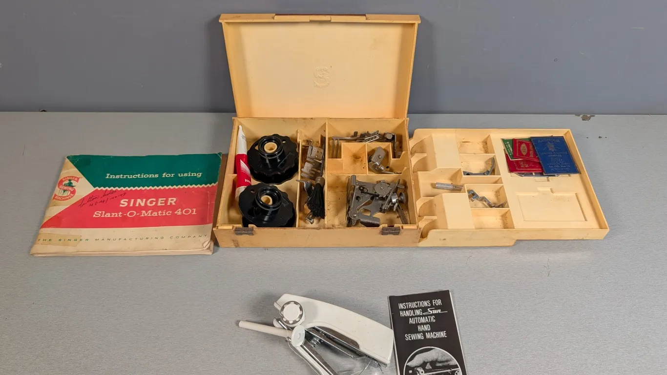 Singer Slant-O-Matic 401 Sewing Machine Attachments and Sun Hand Sewing Machine