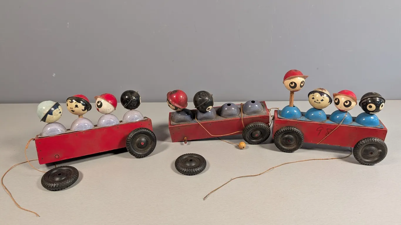 Vintage Wooden Pull Toy Train with Figures