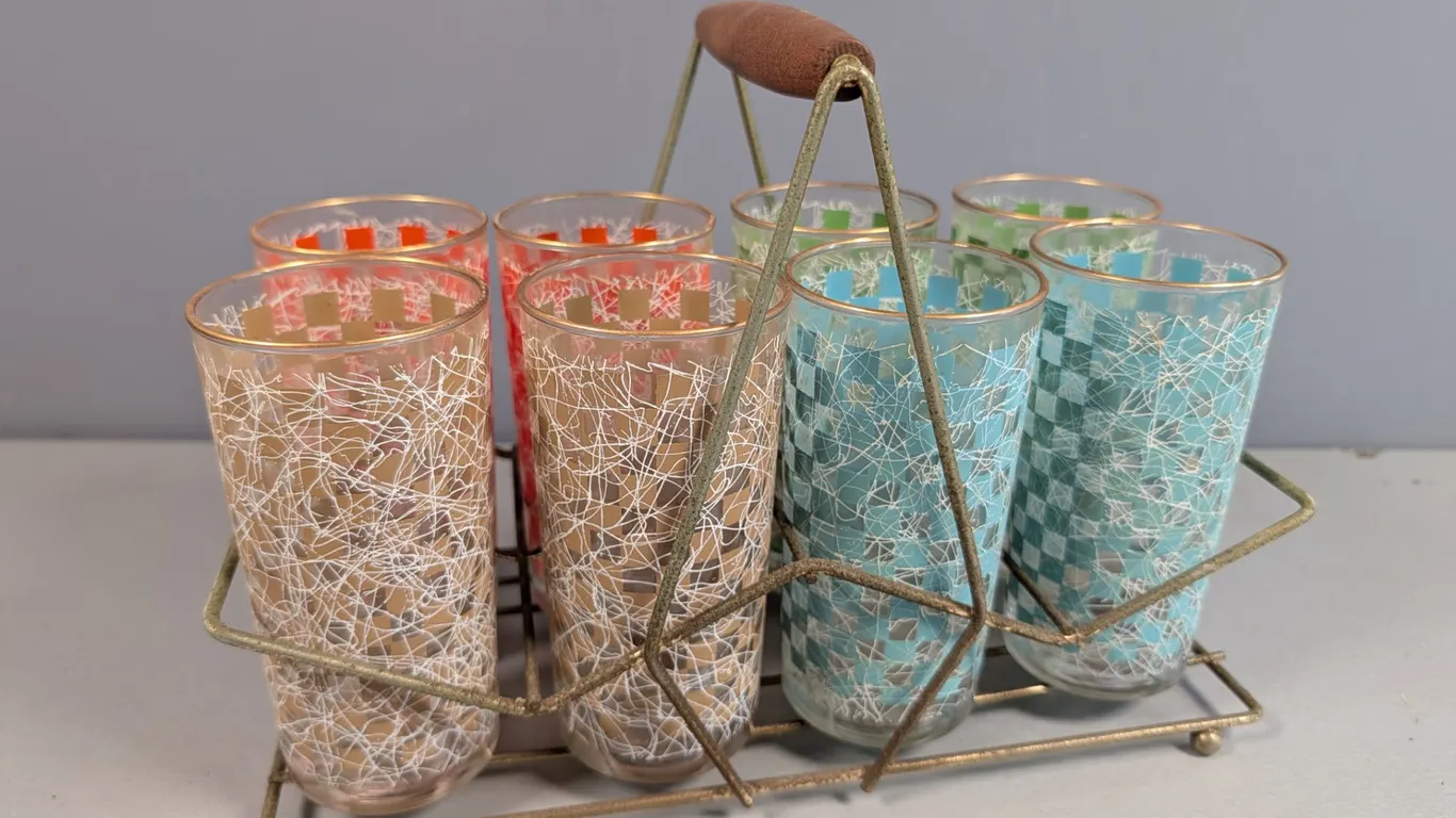 Mid-Century Modern Drinking Glasses with Carrier