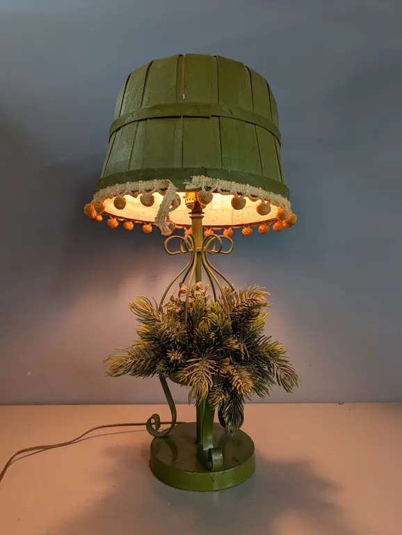 Green Wood Bucket Table Lamp with Pom-Pom Trim