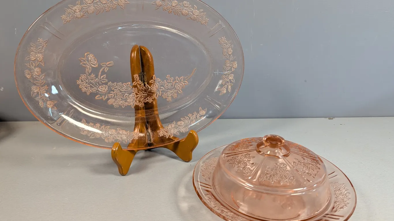 Pink Depression Glass Platter and Butter Dish Set