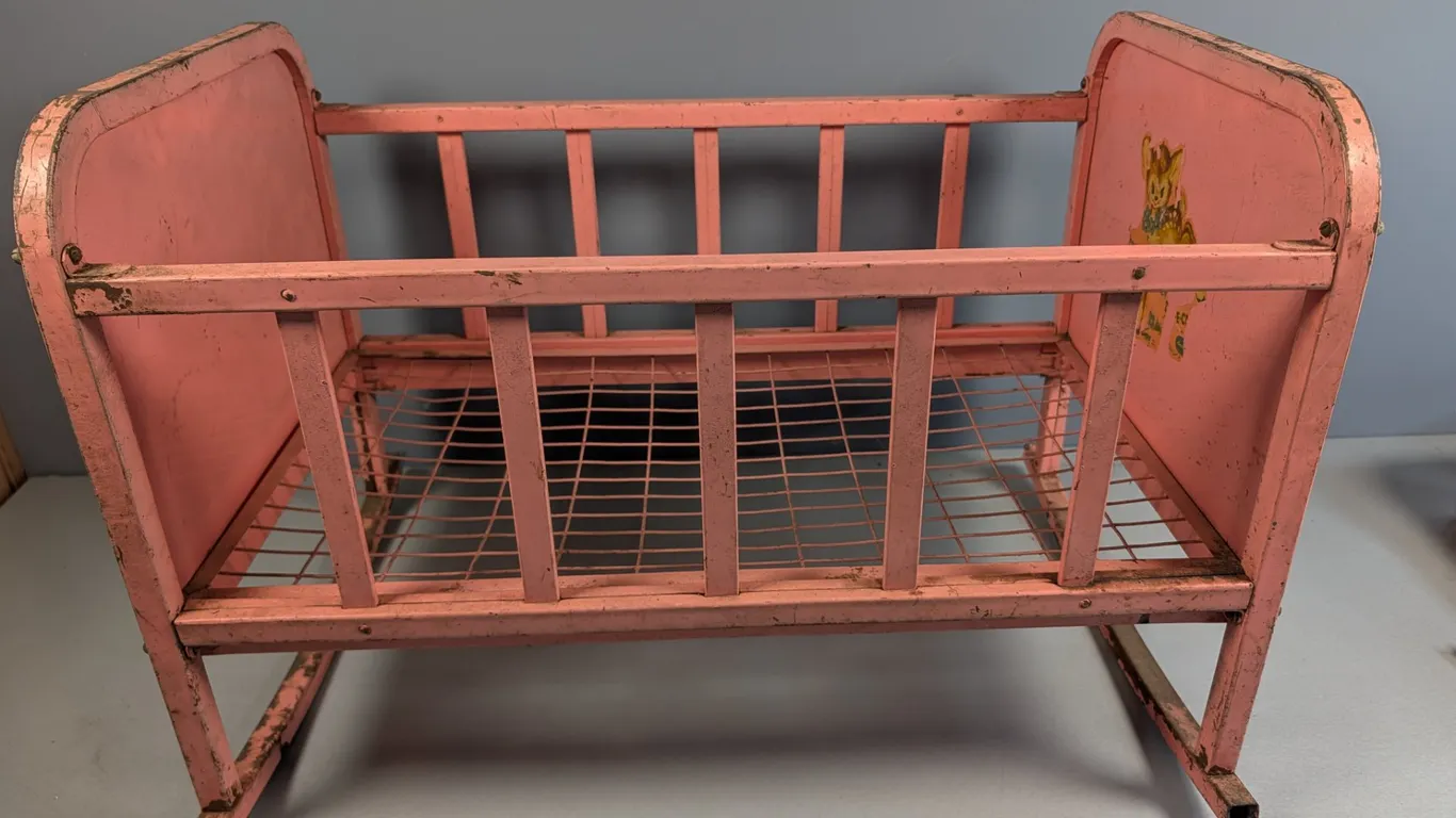 Vintage Pink Metal Doll Cradle