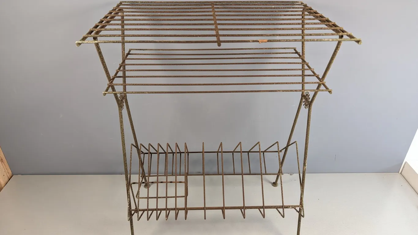 Vintage gold tone metal wire record player and vinyl album storage stand