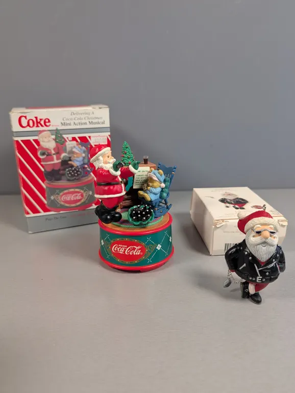 Coca-Cola Santa Mini Action Musical with Teddy Bearand hallmark Harley Davidson ornament