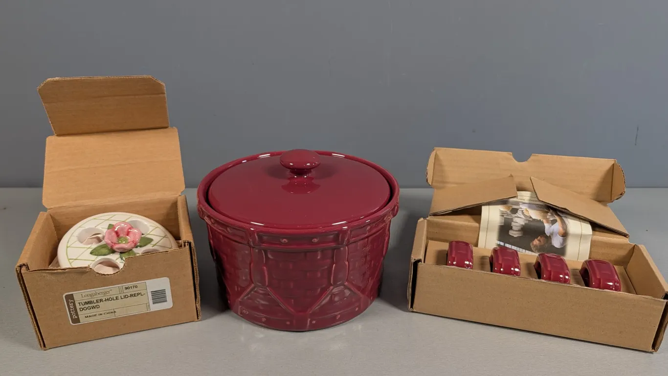 Longaberger Pottery Berry Red Casserole Dish, Dogwood Tumbler Lid, and Napkin Rings