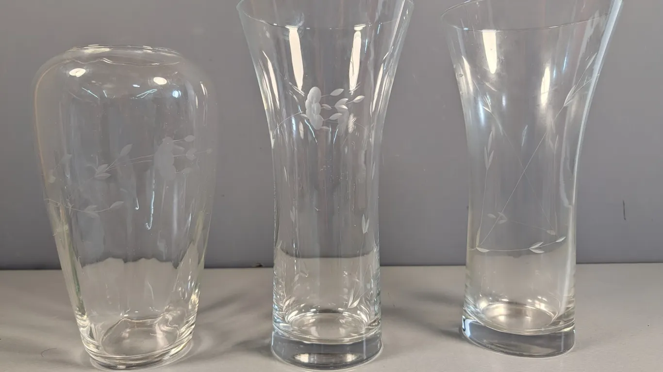 Set of Three Etched princess house Glass Vases