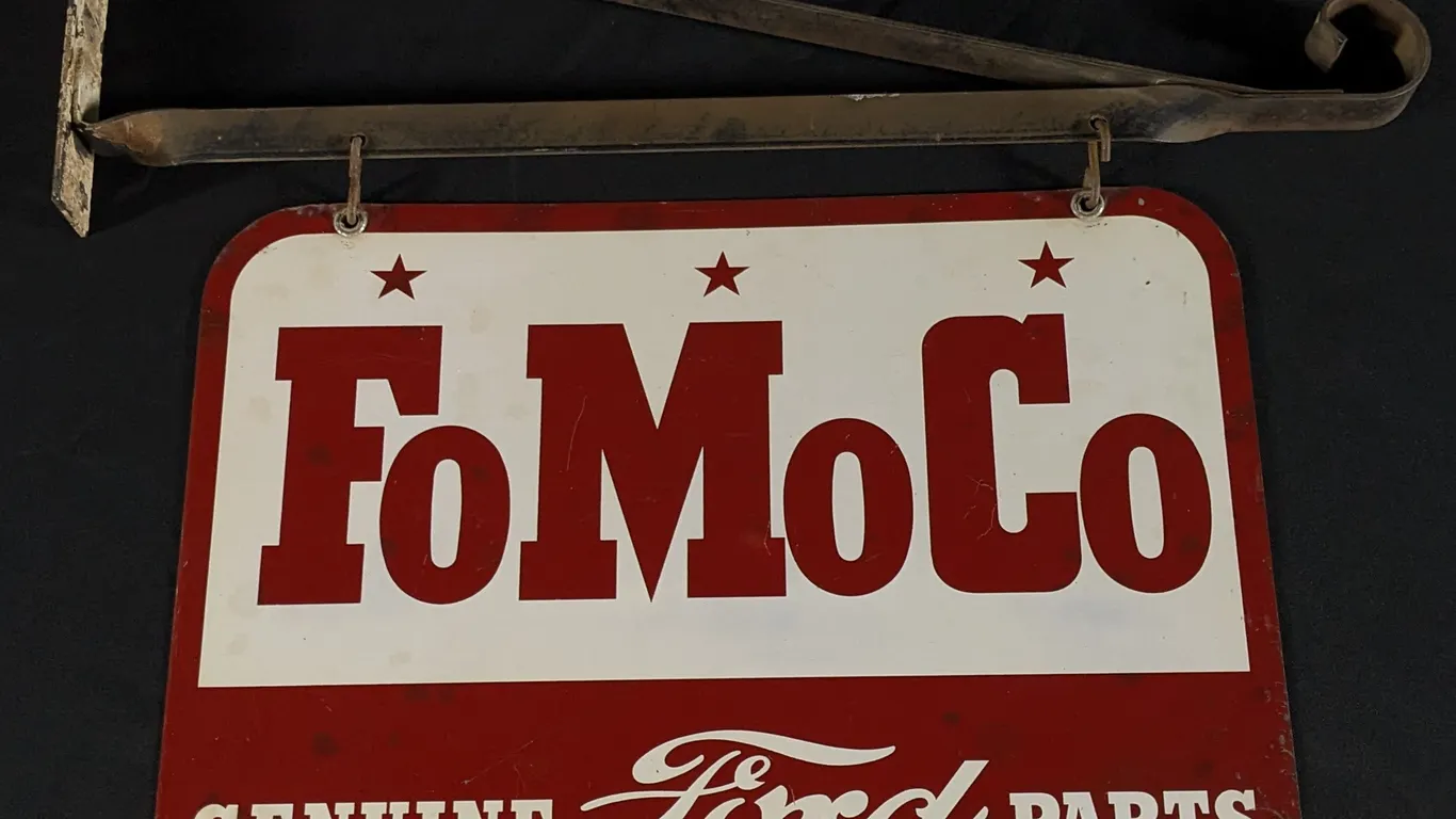 TIN SIGN FOMOCO GENUNE FORD PARTS (2 SIDED) (ORIGINAL BRACKET)