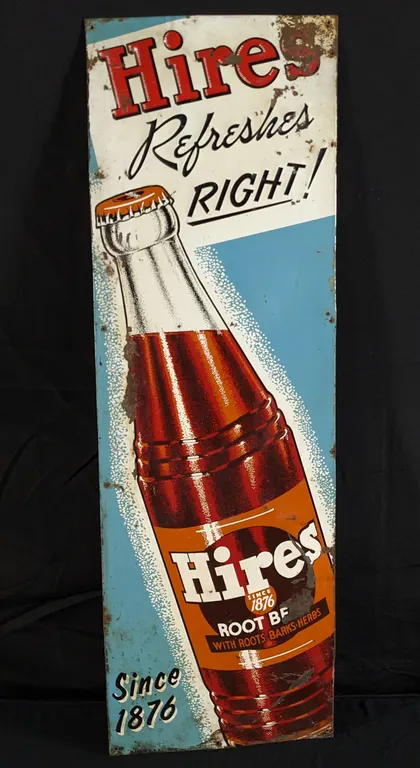 EMBOSSED TIN SIGN HIRES REFRESHES RIGHT ROOT BEER