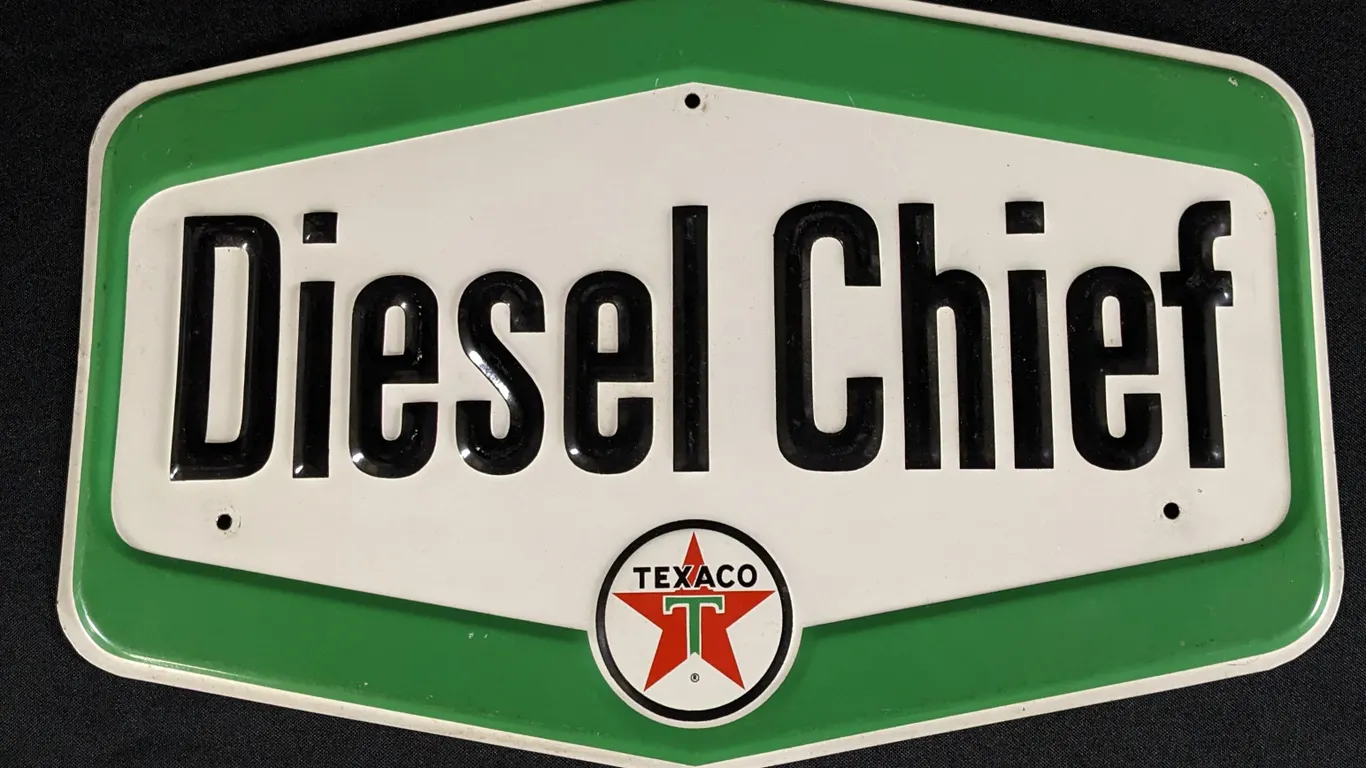 EMBOSSED TIN GAS PUMP SIGN TEXACO DIESEL CHIEF