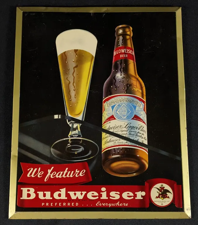 TOC TIN SIGN WE FEATURE BUDWEISER BEER PREFERRED EVERYWHERE
