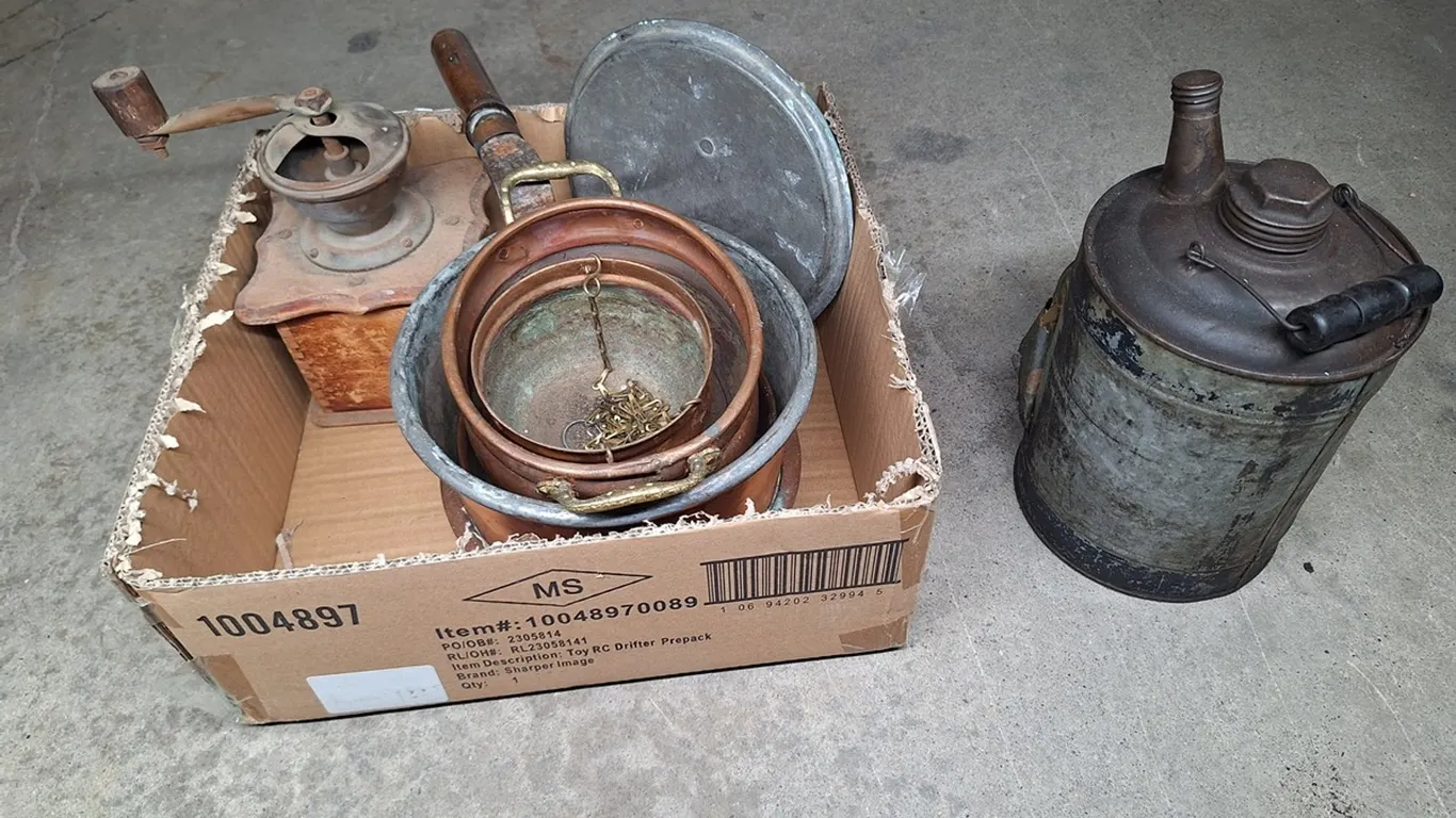 Vintage Wood Box Manual Coffee Grinder, Vintage Oil Can, More