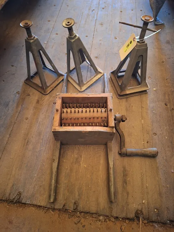 3 Vintage Cast Aluminum Stack Jacks, Vintage Hand-Crank Grinder