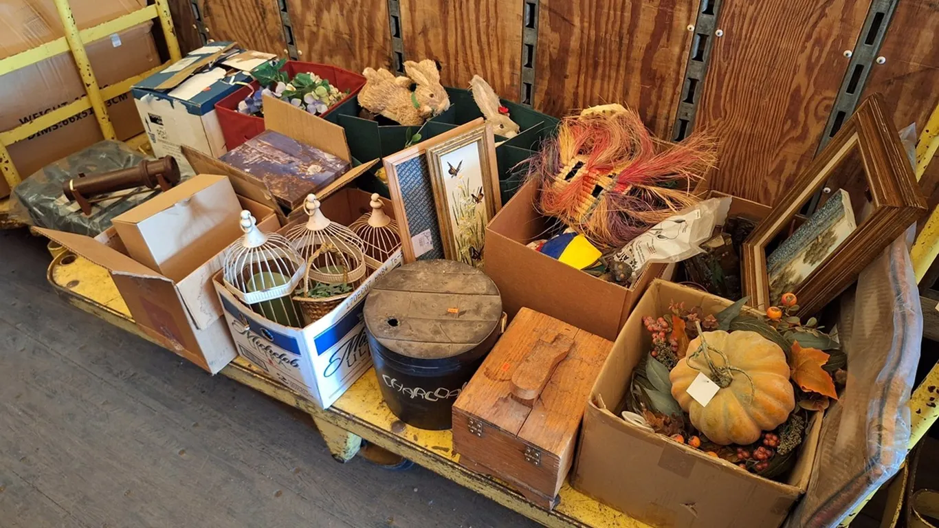 Assorted Stuffed Animals, Metal Birdcage, Fake Flowers, Show Shine Box, Picture Frames, More
