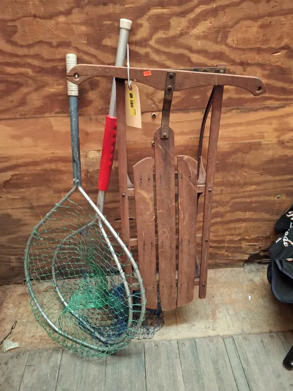 Vintage Wood Snow Sled, 2 Fishing Nets