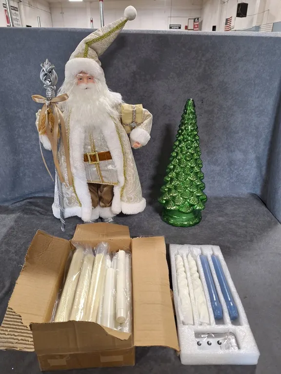 Santa with Staff, Glass Christmas Tree, Flameless Candles