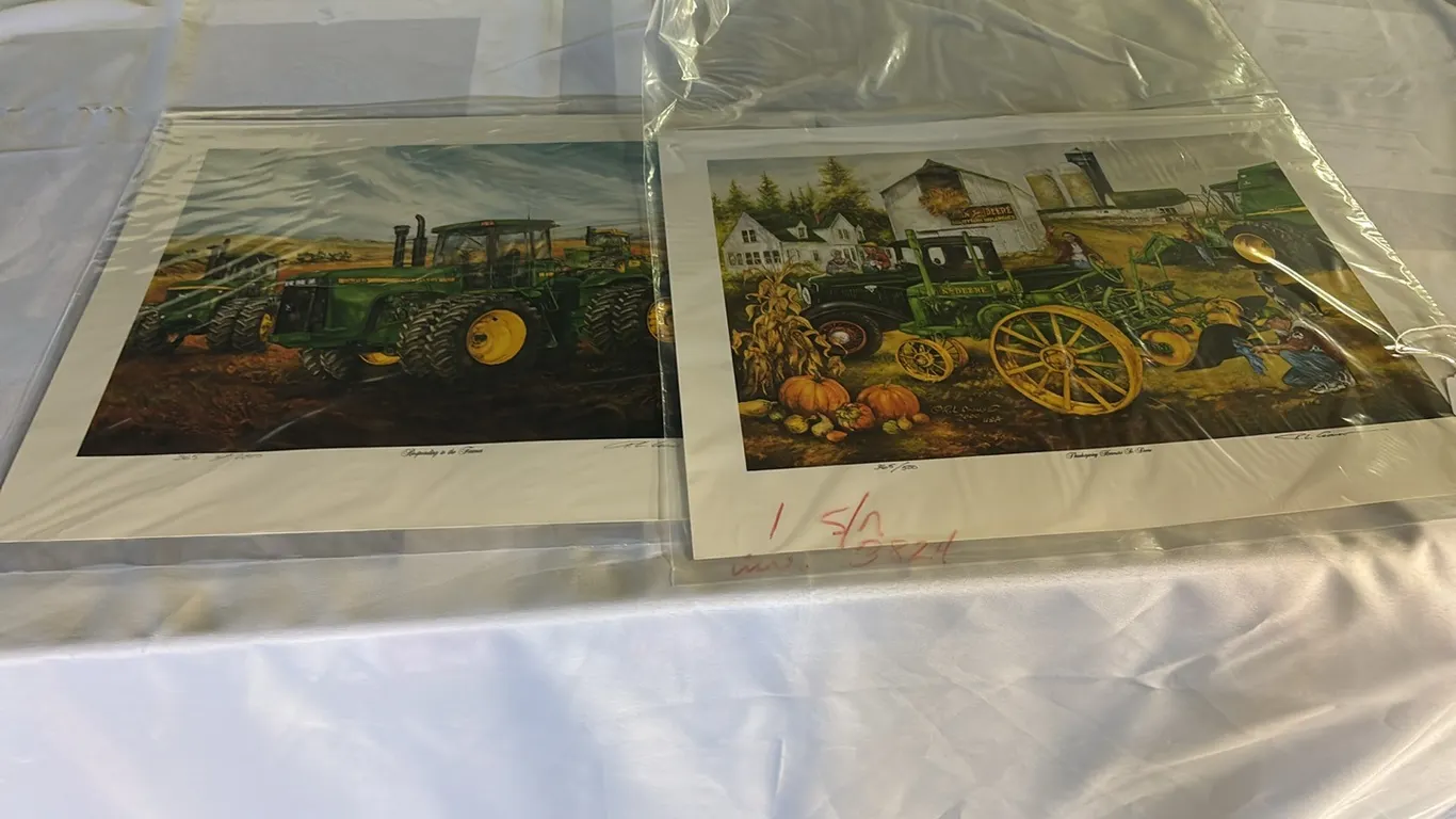 2 PRINTS BY R.L. CROUSE “RESPONDING TO THE FARMER” “THANKSGIVING HARVESTS TO DEERE”