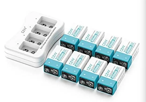 CZVV 4 Slot Charger With 8 Rechargable Lithium-ion 9V Batteries