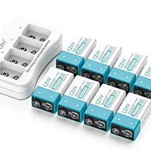 CZVV 4 Slot Charger With 8 Rechargable Lithium-ion 9V Batteries