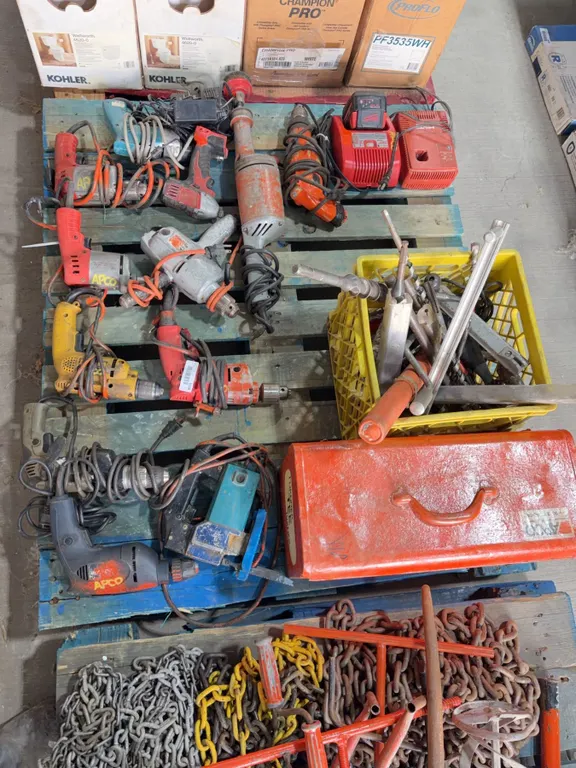 Pallet Lot of Power Drills, Tool Box And Drill Bits