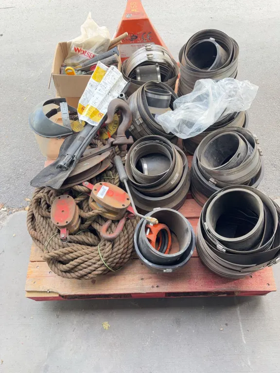 Pallet Lot of Industrial Hose Clamps and Rigging Gear