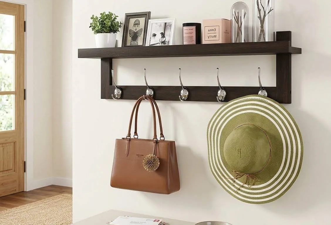 SMIBUY Brown Coat Rack With Shelf, 80x14x5cm