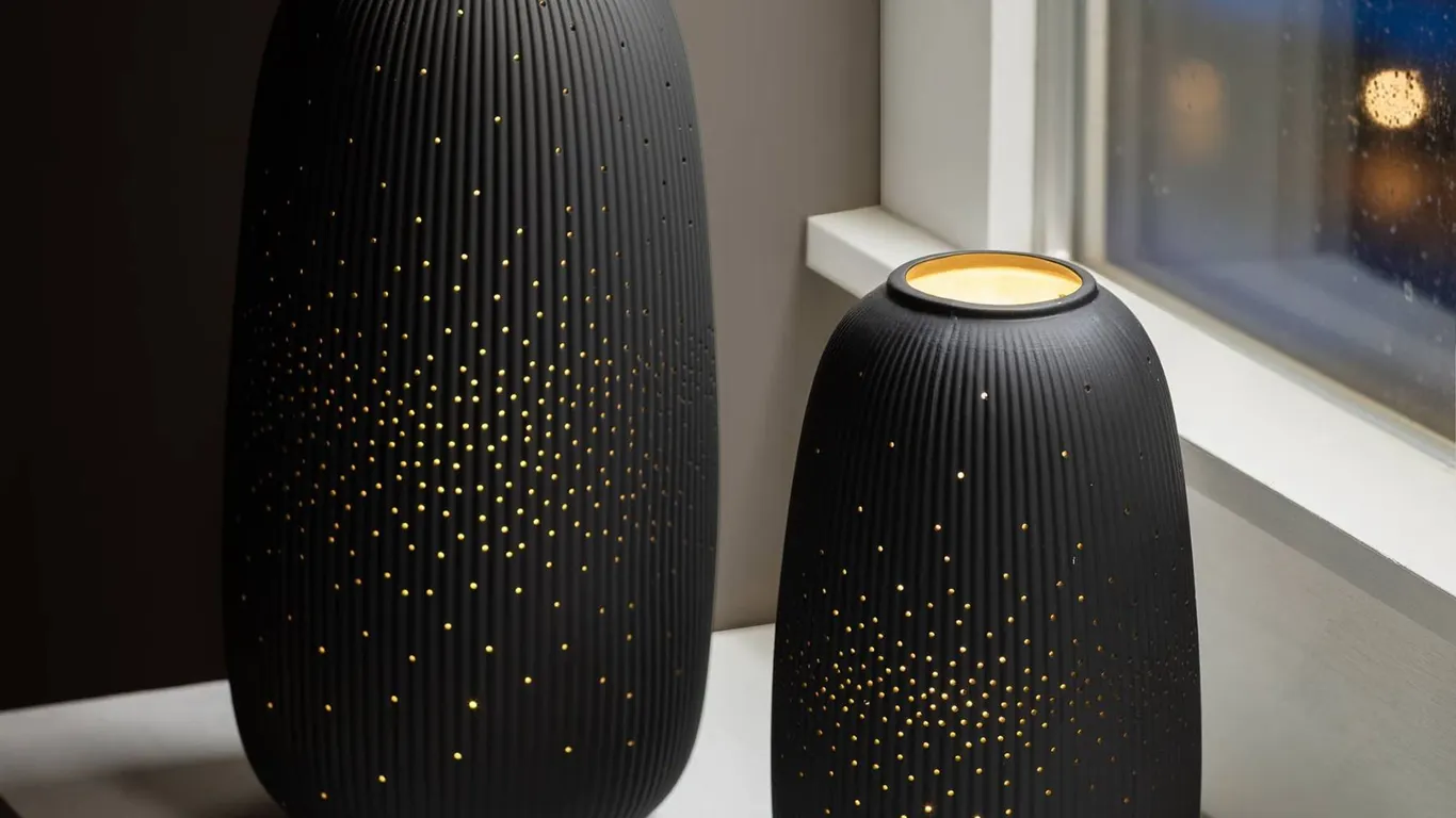 Evergreen LED Black Porcelain Lantern Set