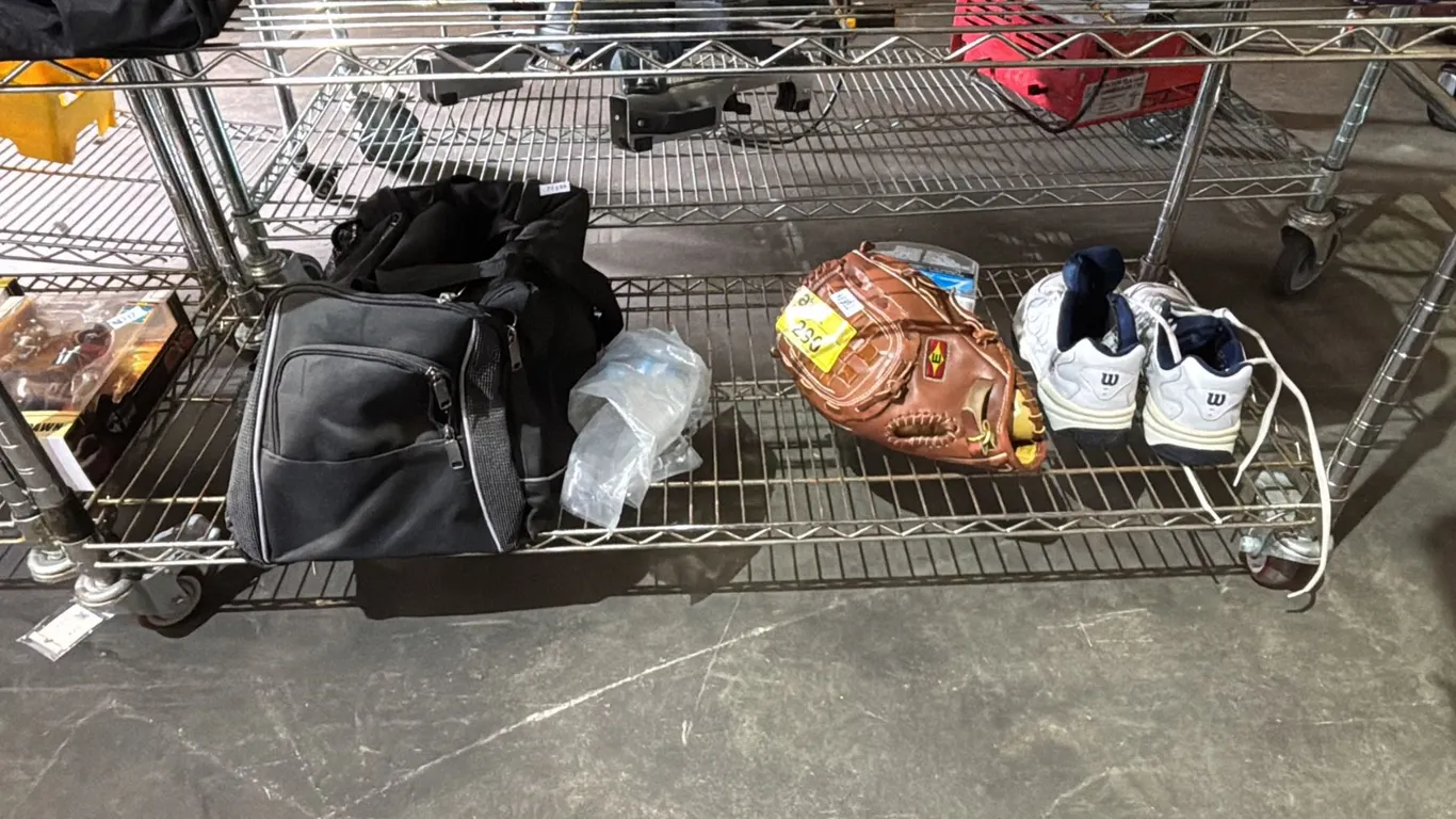 TELUS DUFFEL BAG, EASTON BASEBALL MITT & 2 BASEBALLS, PAIR OF WILSON RUNNING SHOES (SIZE UNKNOWN) &