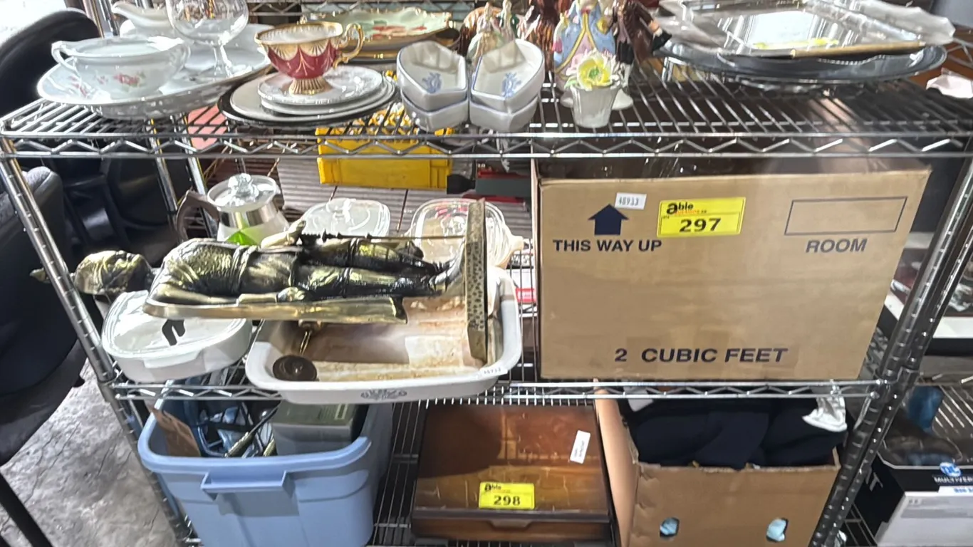 SHELF OF CASSEROLE DISHES, METAL MILITARY OFFICER FIGURE, BOX OF ASSTD. DRINKING GLASSES & MORE