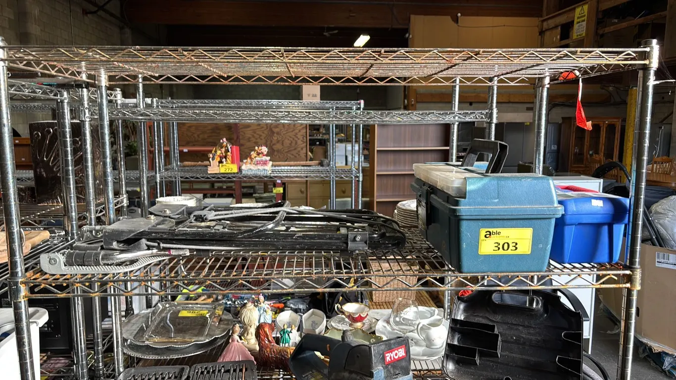SHELF OF (2) TOOL BOXES WITH CONTENTS & (2) FOLDING METAL HAND TRUCKS